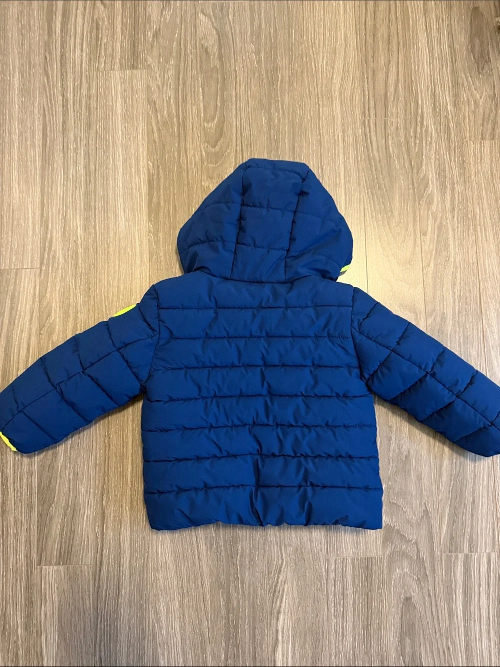 NWOT Kids Blue Hooded Puffer Jacket with Neon Trim